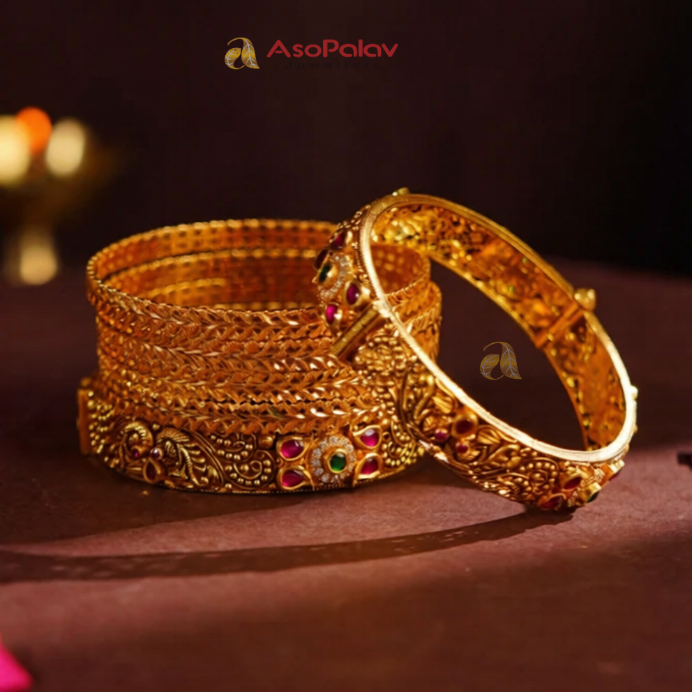 22K Gold CZ Ruby Emerald Pota Bridal Bangles
